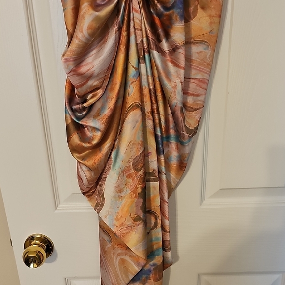 PrettyLittleThing Marble-Print Asymmetric Slip Dress - Peach, Blue & Cream - Picture 6 of 7